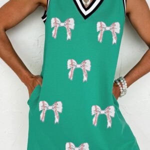 Mint Green Contrast Striped Detail Glitter Baseball Patched V Neck Tank Dress