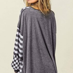 Dark Grey Checkerboard Striped Patchwork Lantern Sleeve Pocketed Blouse