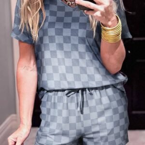 Gray Checkered V Neck Tee Drawstring Shorts Lounge Set