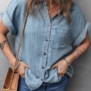 Dusk Blue Folded Short Sleeve Patched Pocket Denim Shirt