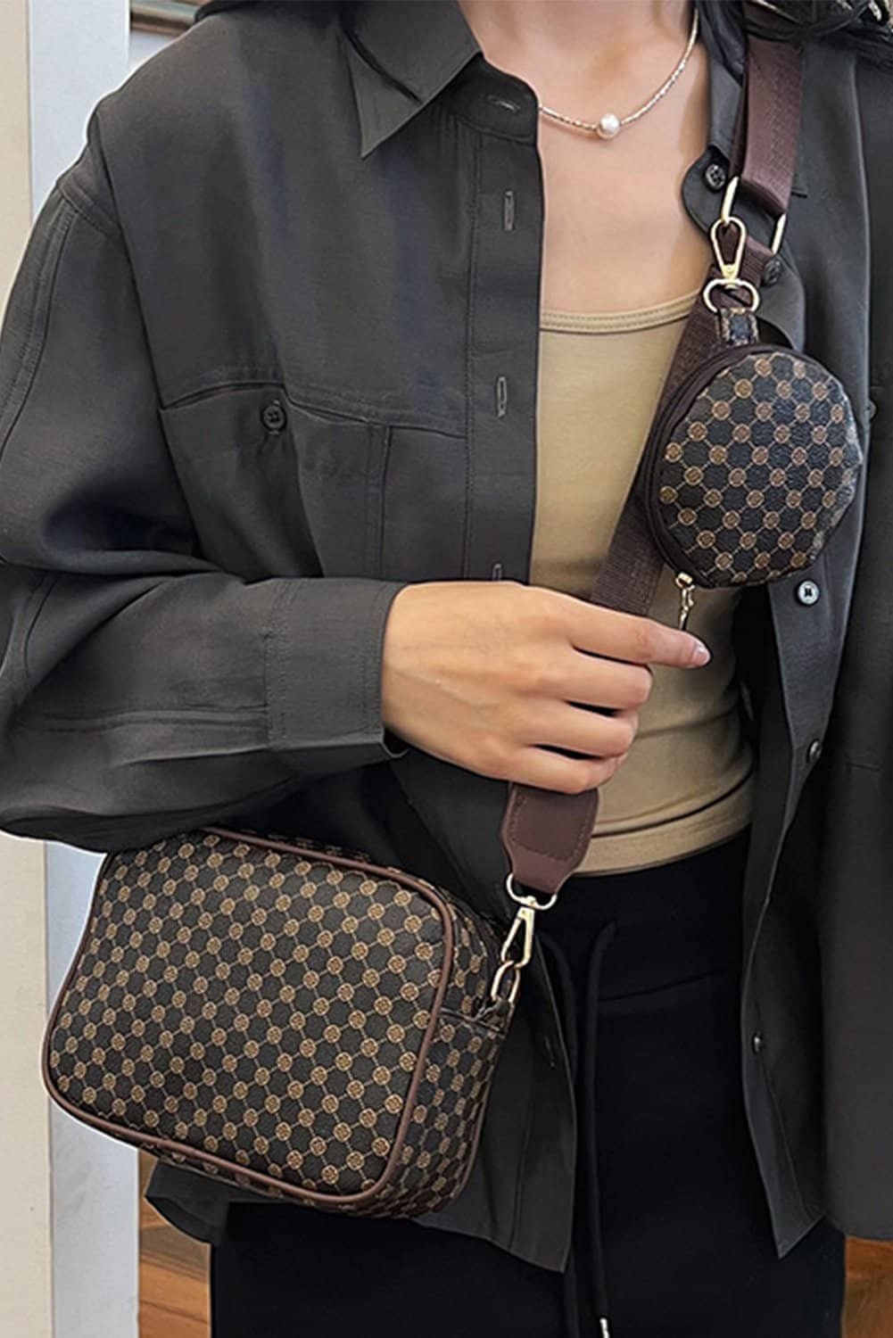 Coffee Checkered Print Pu Leather Shoulder Bag With Coin Wallet