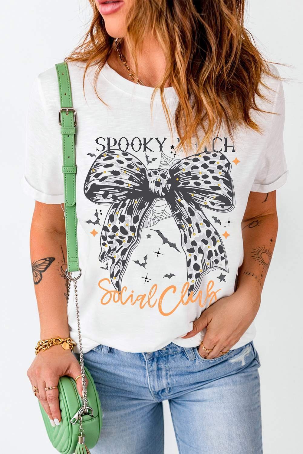 White Spooky Witch Leopard Bowknot Bat Graphic Halloween T Shirt
