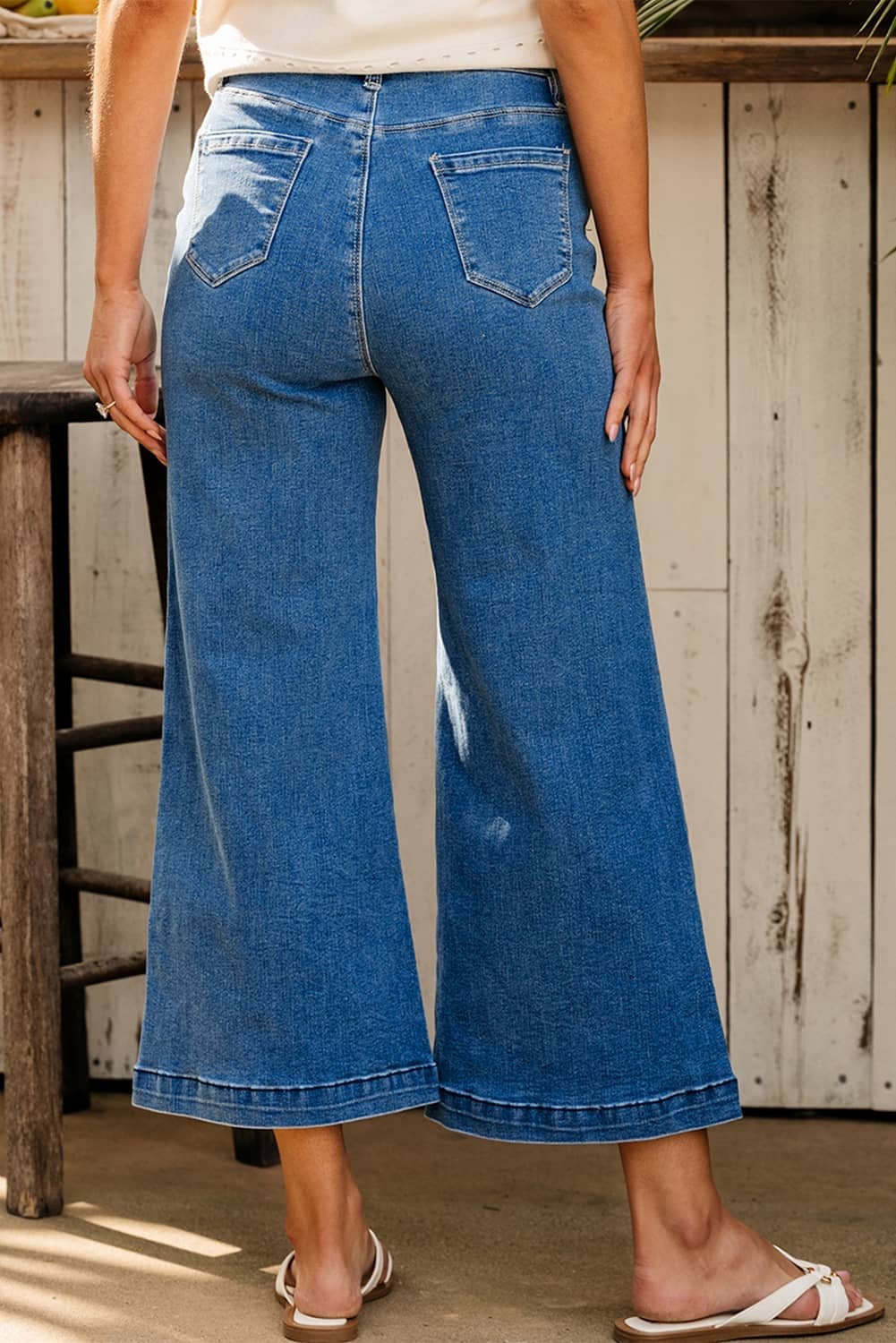 Dark Blue Plain Seam Detail Flared Bottom Ankle Length Jeans