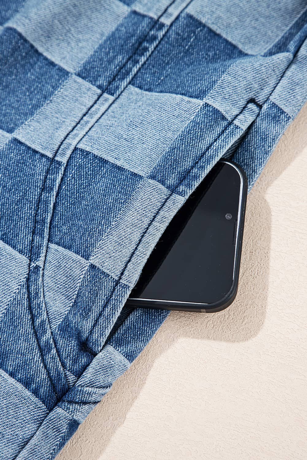 Sky Blue Checkerboard Zipped Neck Kangaroo Pocket Denim Hoodie