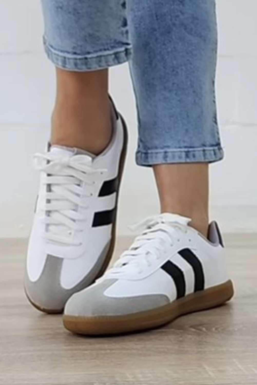 White Striped Lace-Up Flat Sneakers