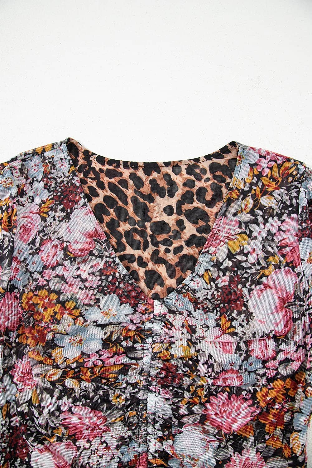 Brown Mesh Leopard Floral Reversible V Neck Short Sleeve Dress