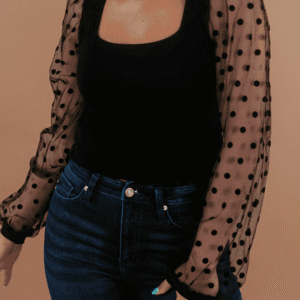 Black Polka Dot Mesh Puff Sleeve Patchwork Ribbed Square Neck Slim Top