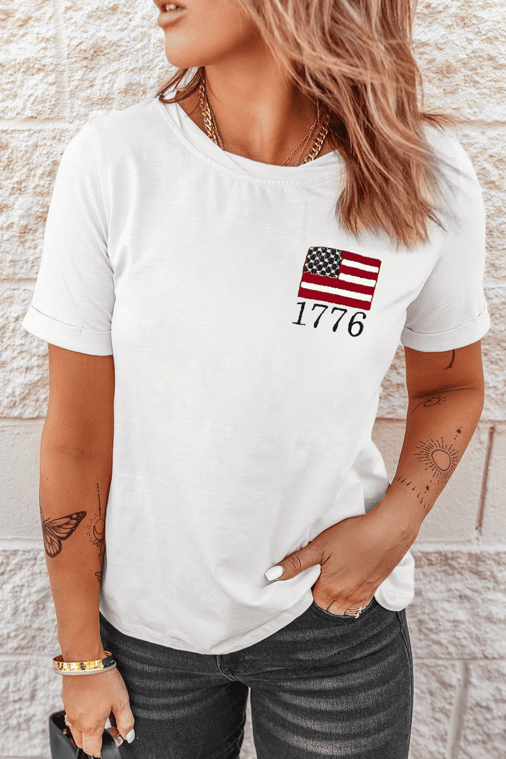 White American Flag 1776 Embroidered Pattern Crew Neck Tee