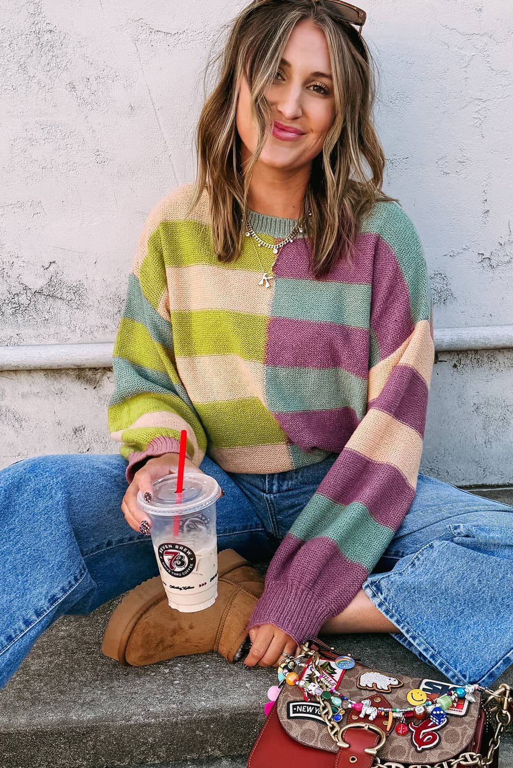 Green Stripe Drop Shoulder Ribbed Edge Casual Sweater