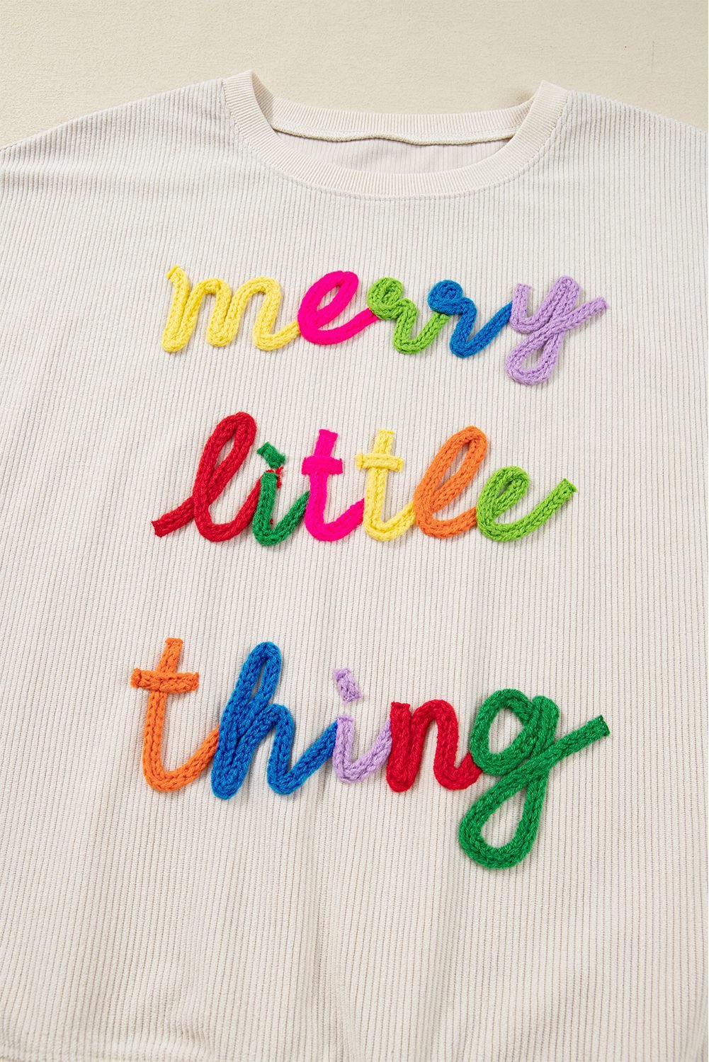 Beige Merry Little Thing Corded Letter Graphic Ribbed Loose Sweatshirt