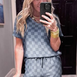 Gray Checkered V Neck Tee Drawstring Shorts Lounge Set