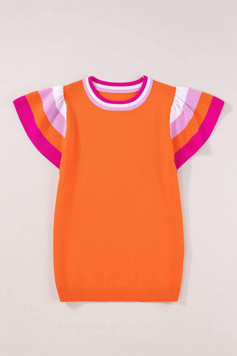 Carrot Contrast Flutter Sleeves Knitted Sweater T Shirt