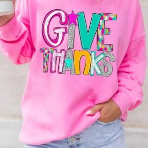 Bonbon Give Thanks Graphic Drop Shoulder Thanksgiving Pullover Sweatshirt
