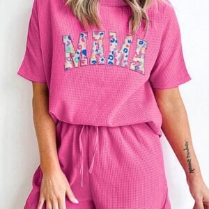 Rose Red Mama Embroidered Leopard Letters Waffle Short Set