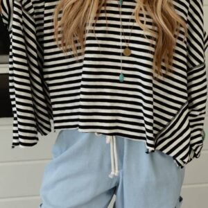 Black Stripe Batwing Sleeve Crewneck Oversized Top