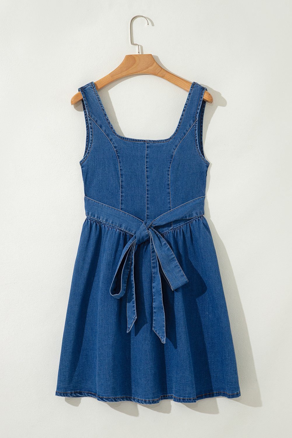Sail Blue Square Neck Bowknot A-Line Sleeveless Denim Dress