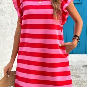 Red Stripe Flutter Sleeve Round Neck Shift Dress