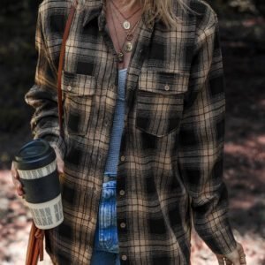 Multicolour Retro Plaid Double Flap Pocket Brushed Shacket