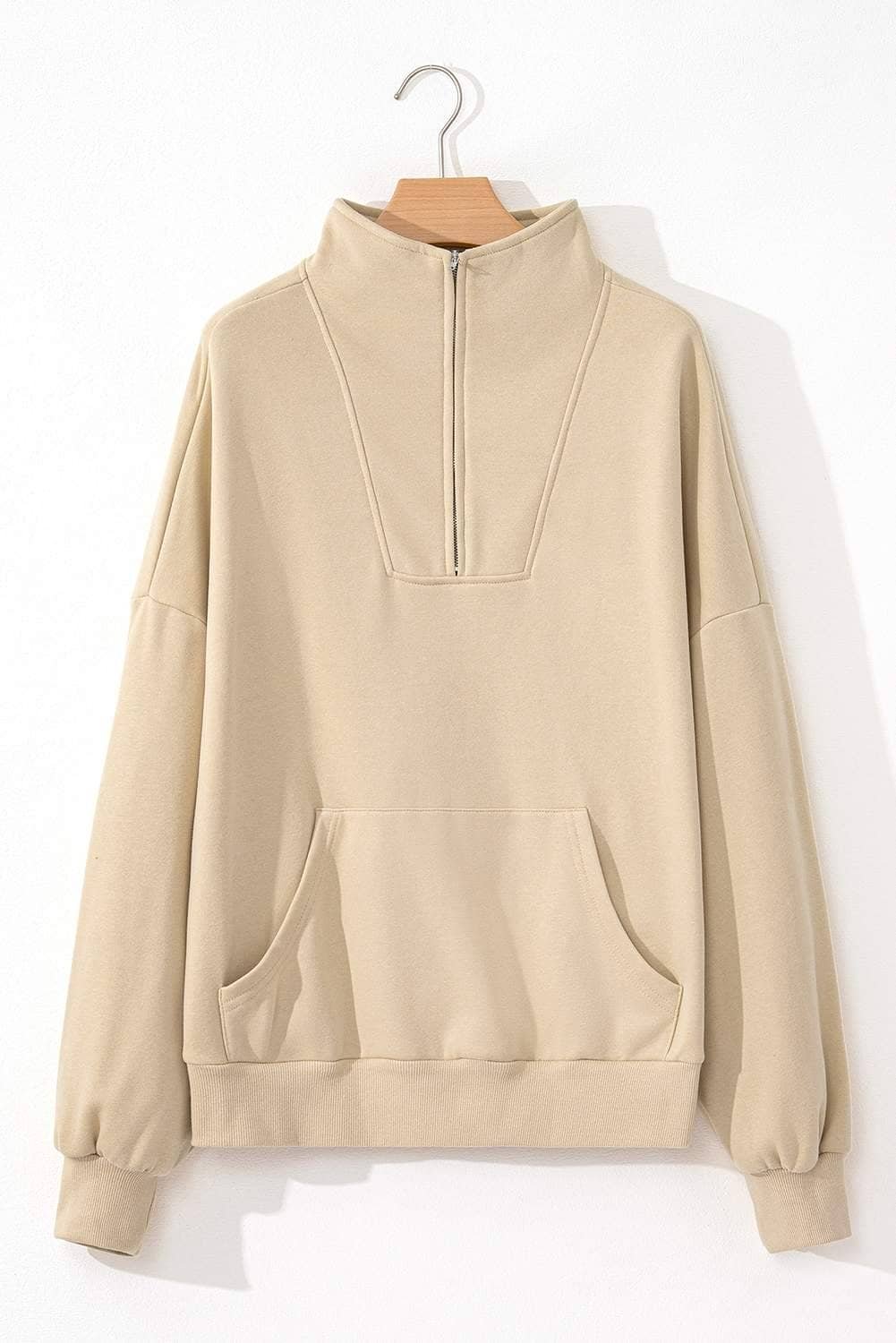 Smoke Gray Zip-Up Stand Neck Kangaroo Pocket Sweatshirt