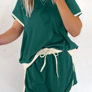 Evergreen Colorblock Edge Drop Shoulder T Shirt And Skort 2Pcs Set
