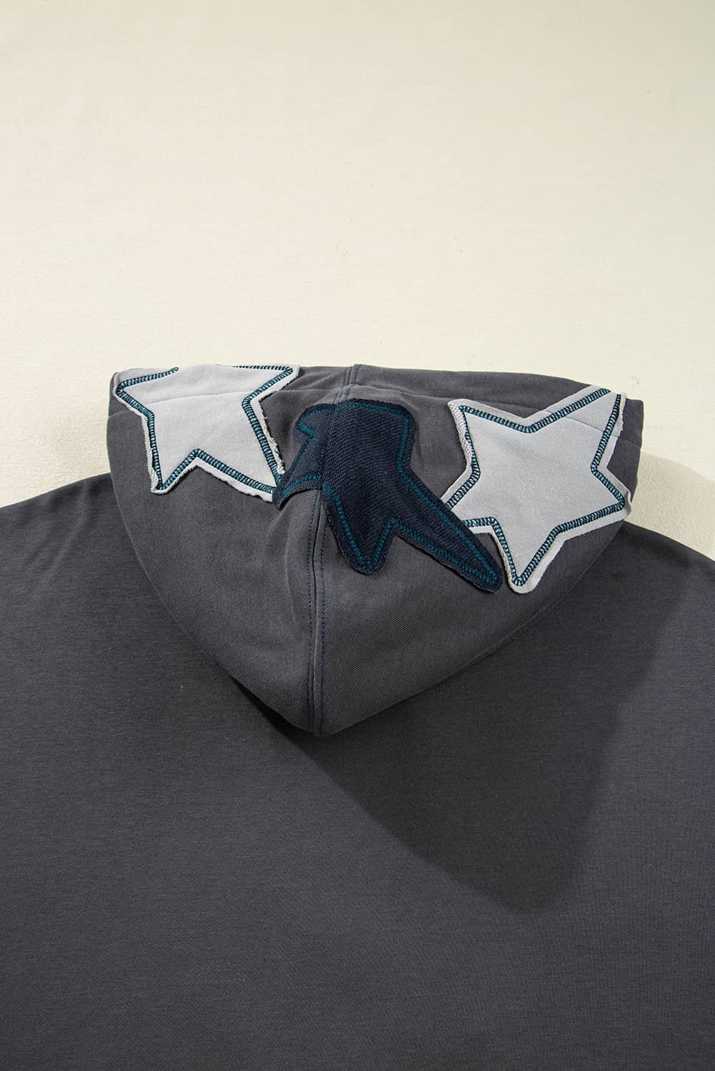 Carbon Grey Star Patchwork Contrast Stitching Mineral Wash Kangaroo Pocket Vintage Hoodie