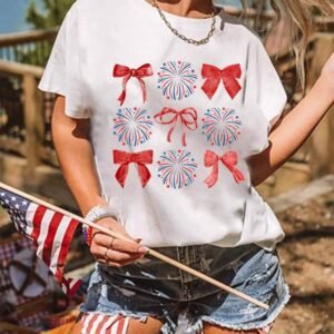 White July 4Th Celerbration Bowknot Firework Graphic Tee
