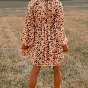 Beige Floral Deep V Neck Smocked Bust Bubble Sleeve Babydoll Dress