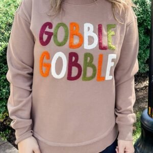 Dark Khaki Gobble Letter Graphic Thanksgiving Shift Sweatshirt
