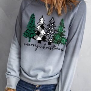 Gray Merry Christmas Tree Gradient Color Print Graphic Sweatshirt