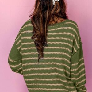 Green Stripe Drop Shoulder Casual Sweater