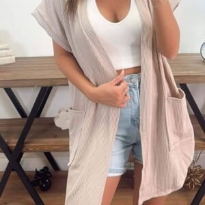 Parchment Ribbed Pocketed Short Sleeve Open Front Top