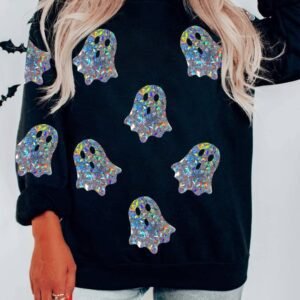Black Glitter Ghosts Pattern Long Sleeve Halloween Sweatshirt