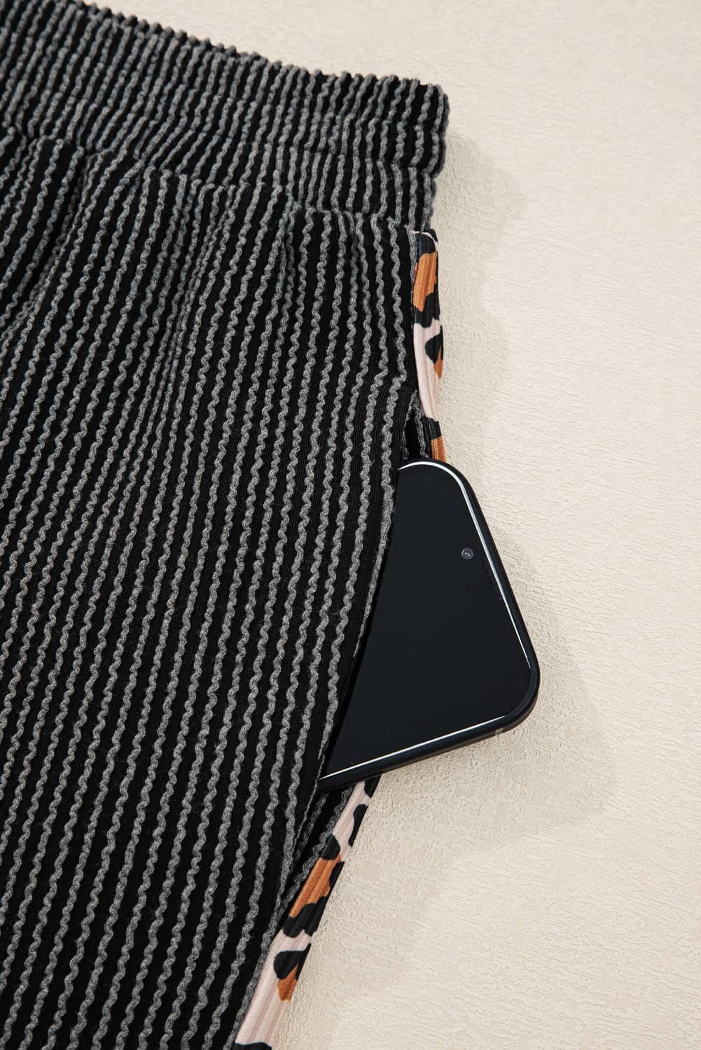 Carbon Grey Twisted Rib Texture Leopard Patchwork Detail 2Pcs Pant Set