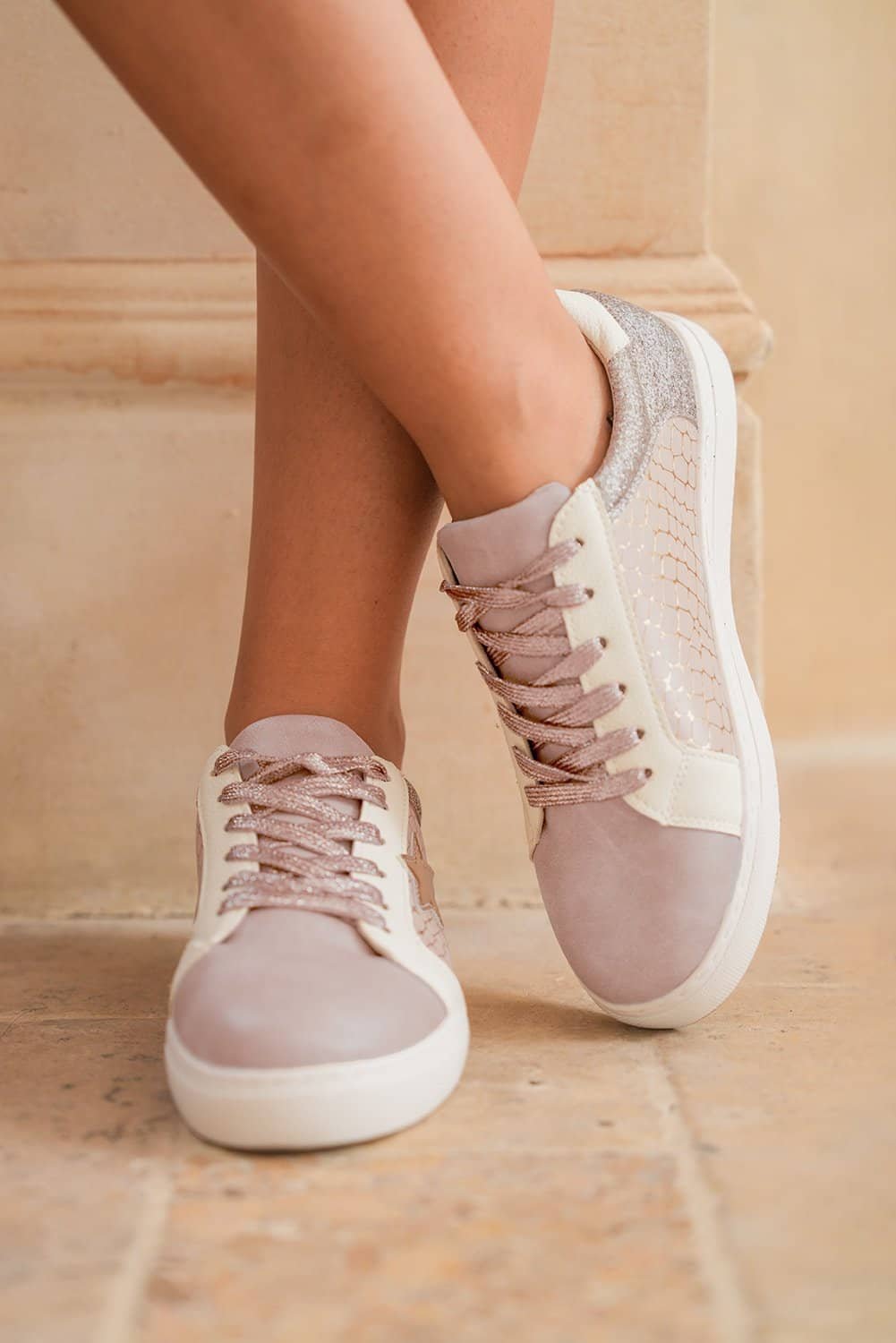 Gold Glitter Star Patchwork Pu Leather Lace-Up Sneakers