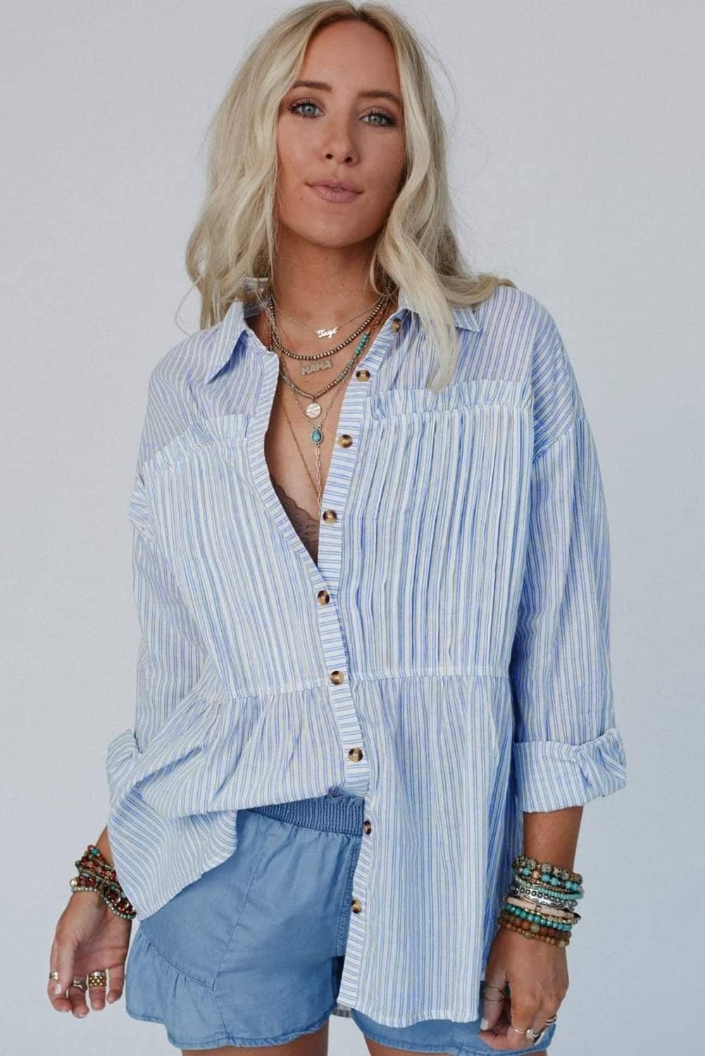 Sky Blue Stripe Ruffled Button Up Long Sleeve Shirt
