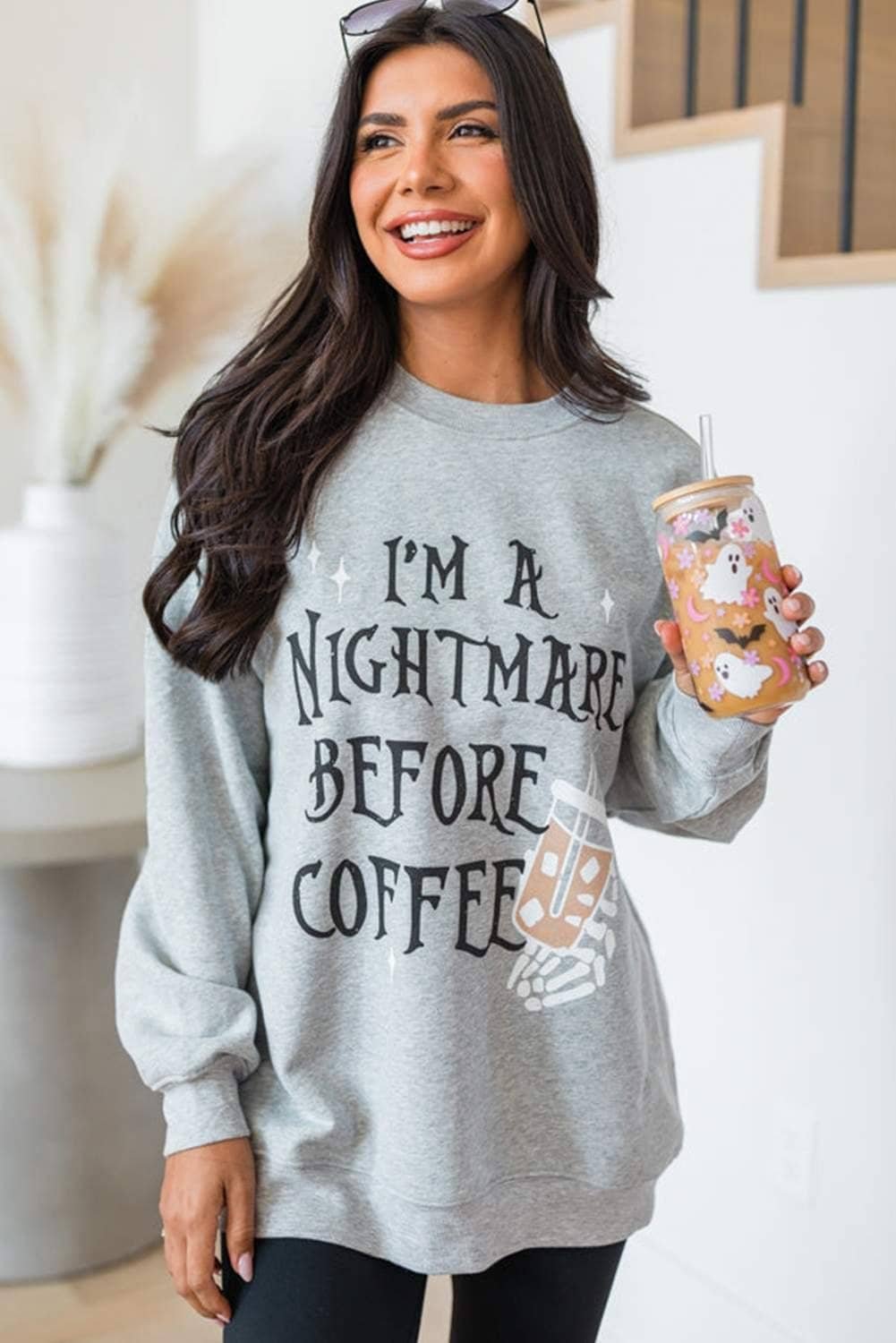 Gray I'M A Nightmare Before Coffee Graphic Crewneck Sweatshirt
