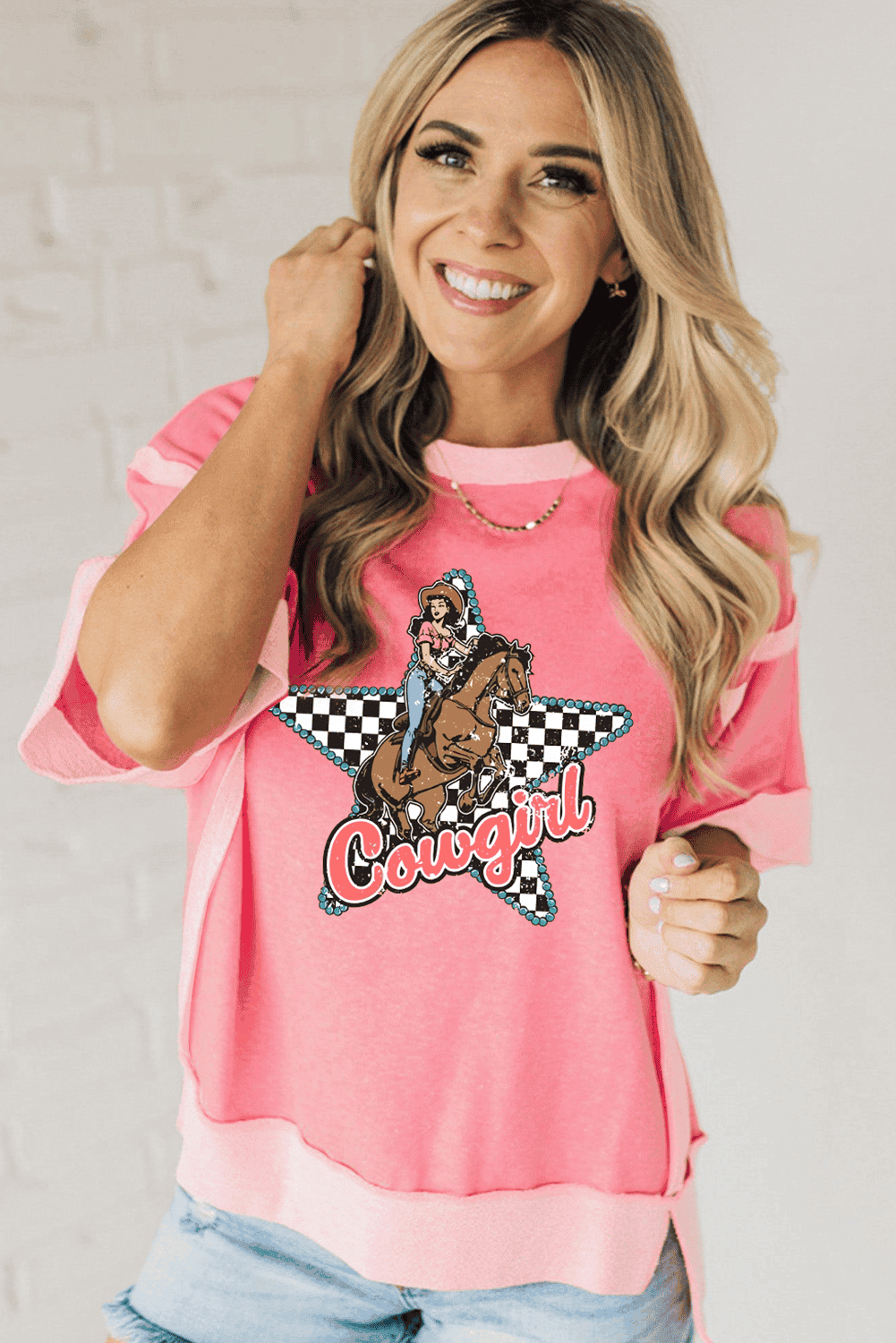 Peach Blossom Cowgirl Checkered Star Shape Print Exposed Seam T Shirt