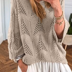 Parchment Hollow Out Knit 7/8 Sleeve Casual Sweater