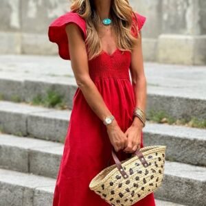 Fiery Red V Neck Flutter Sleeve Smocked Bodice High Waist Ruffle Maxi Dress