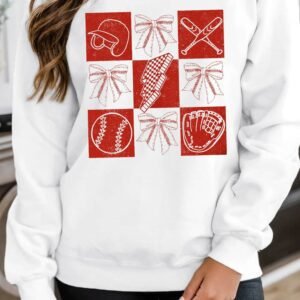 White Baseball Fashion Graphic Cotton Blend Casual Sweatshirt
