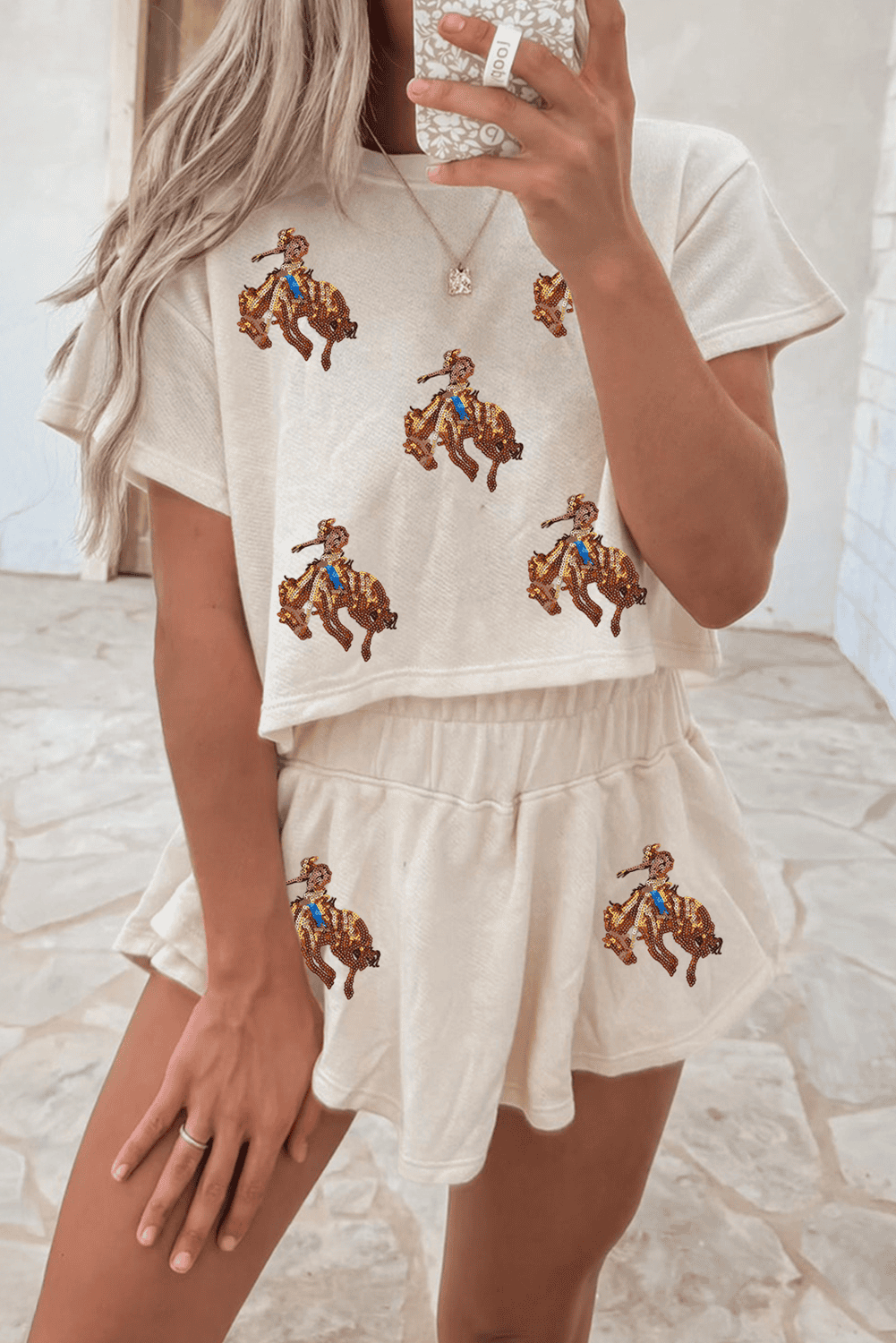 Beige Sequined Rodeo Cropped Tee And Skort Set