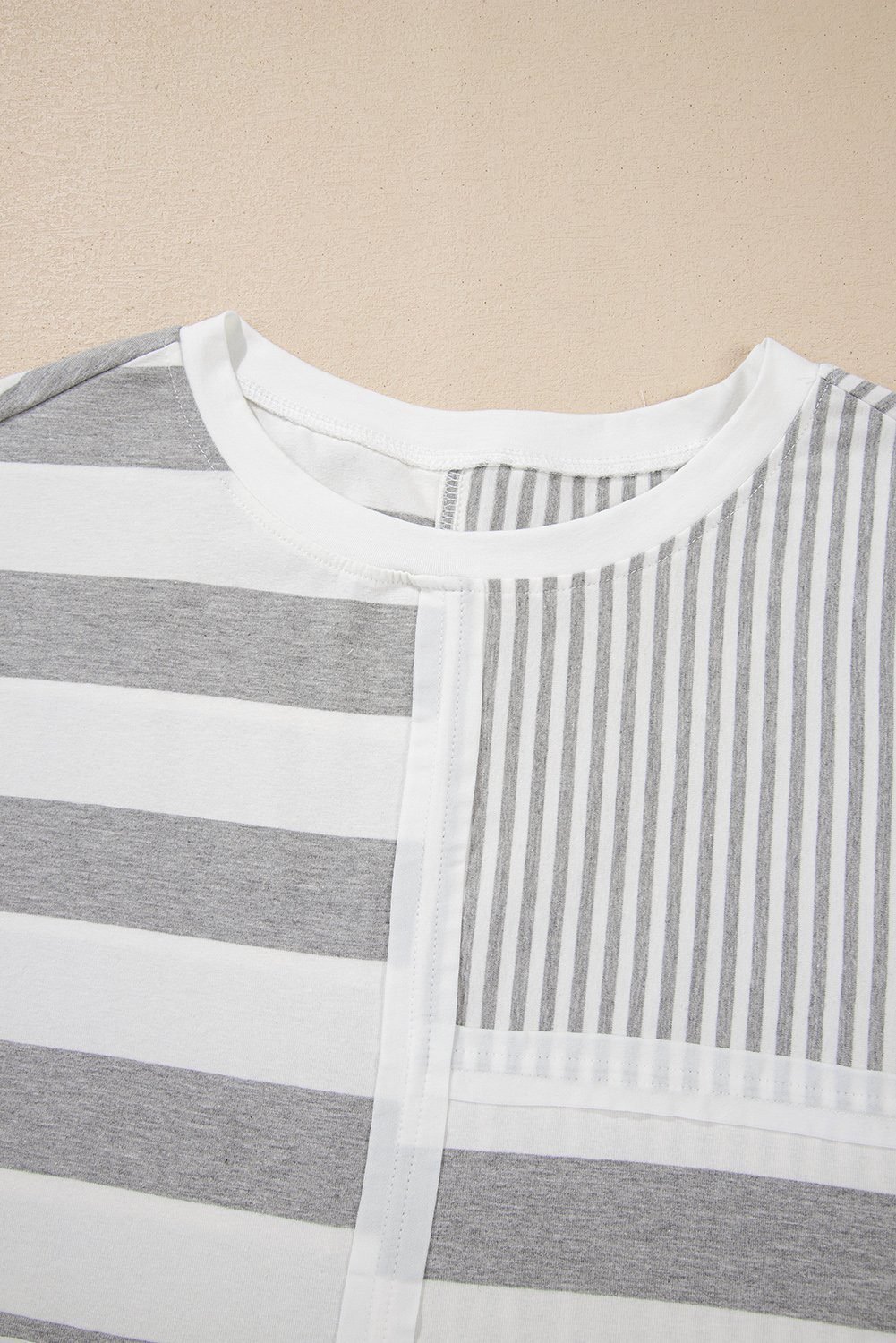 Gray Stripe Mixed Print Short Sleeve Top And Pocketed Shorts Set