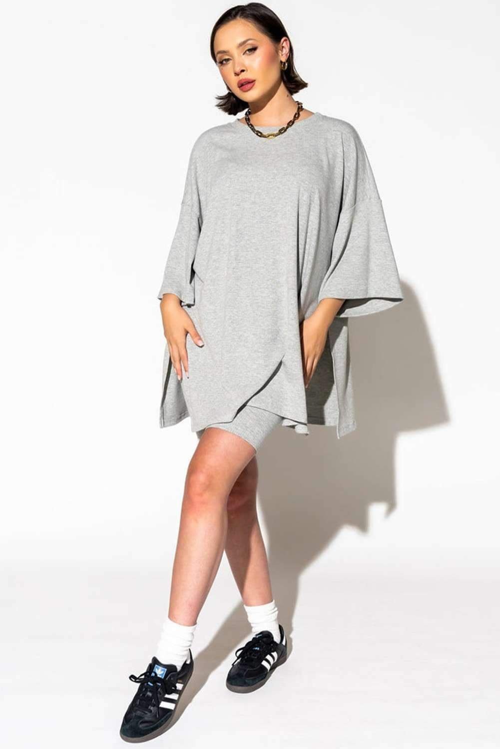 Light Grey Solid Color Loose Tunic Top And Slim Shorts Set