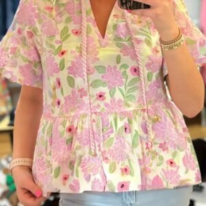 Pink Floral Print Drawstring V Neck Peplum Blouse