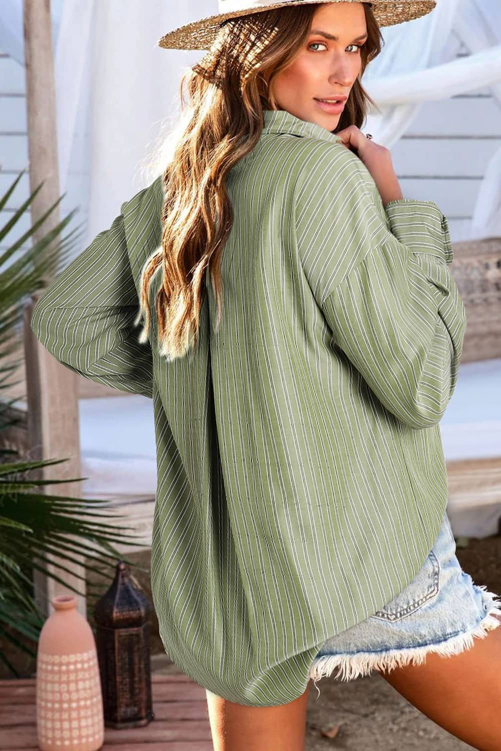 Green Stripe Button Up Oversized Casual Shirt