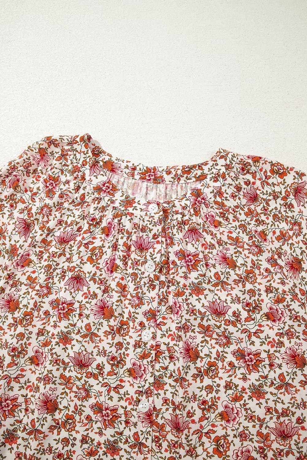 Red Floral Print Pleated Detail Notched Neck Puff Sleeve Blouse