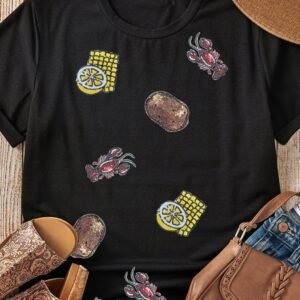 Black Sequin Crawfish Potato Lemon Corn Graphic Crewneck T Shirt