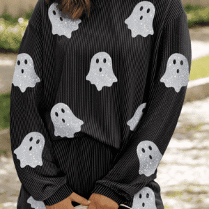 Carbon Grey Halloween Ghost Graphic Corded Pullover And Shorts Two Piece Set