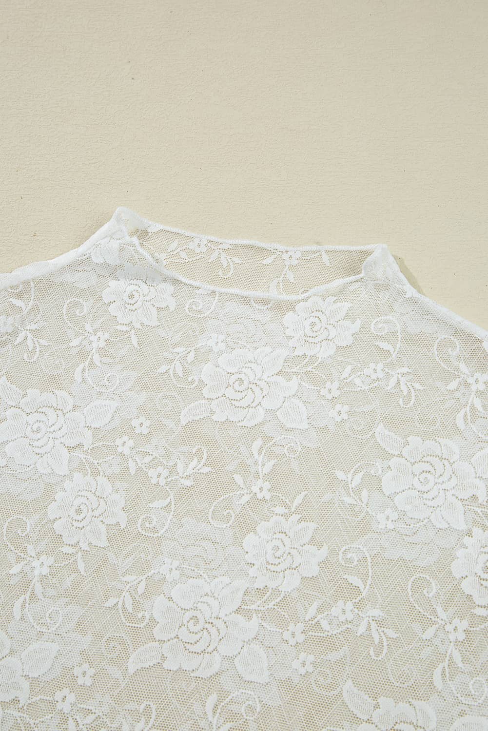 White Sheer Floral Lace Mesh Mock Neck Long Sleeve Top