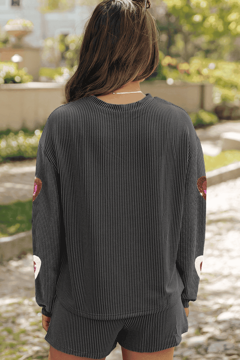 Carbon Grey Valentine Sequin Heart Corded Pullover And Shorts Set